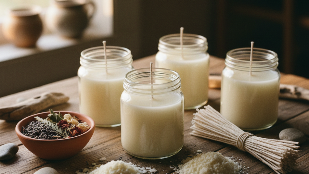 benefits of soy wax candles shown with soy flakes and cotton wicks