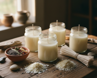 benefits of soy wax candles shown with soy flakes and cotton wicks
