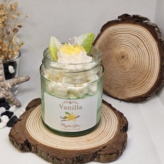 vanilla flower candle by MysticGlow with whipped wax and floral design