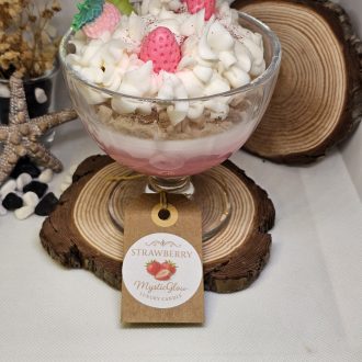 strawberry cheesecake candle by MysticGlow with layered wax and strawberry topping