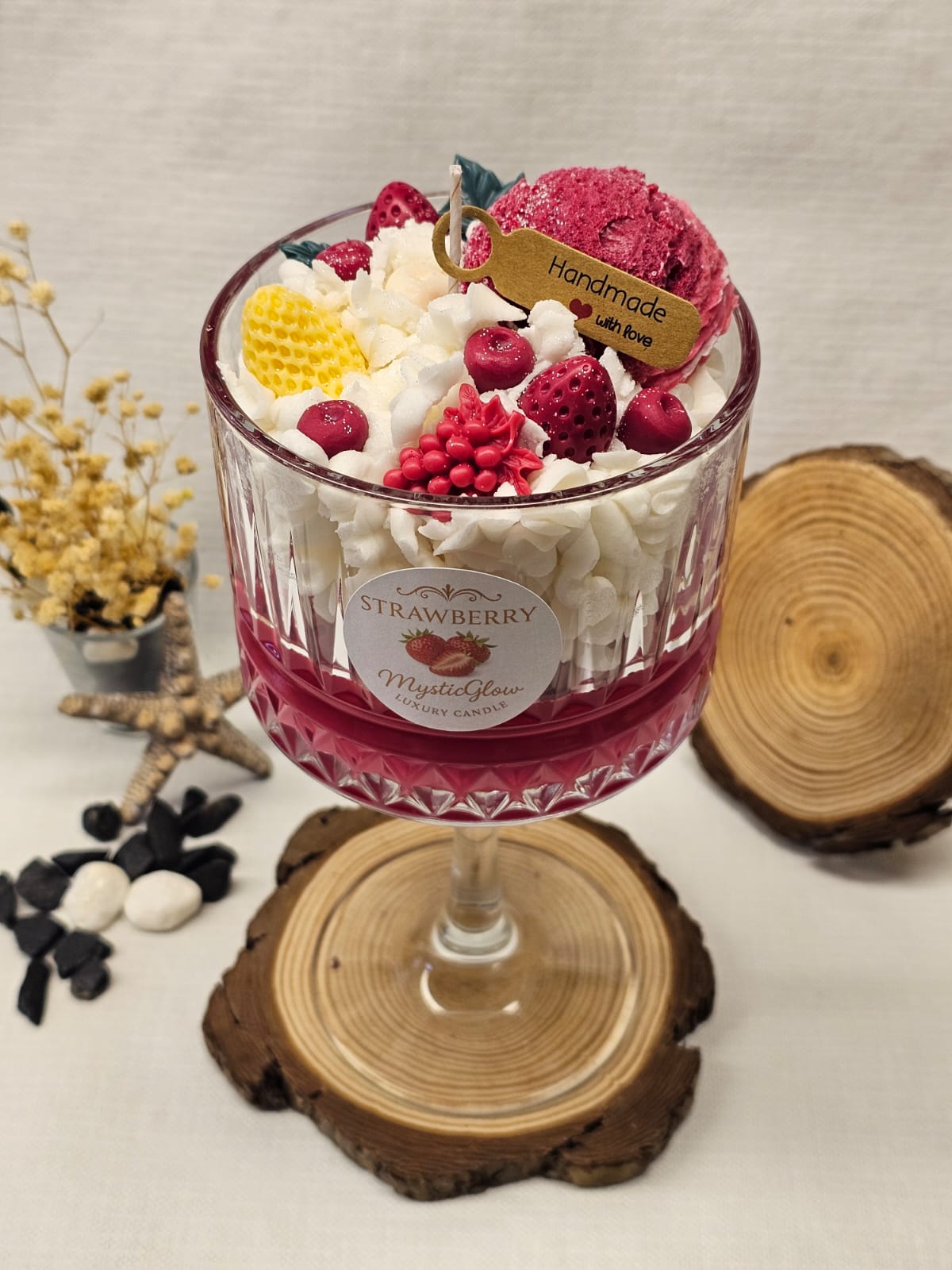 strawberry dessert candle by MysticGlow with whipped wax and strawberry toppings