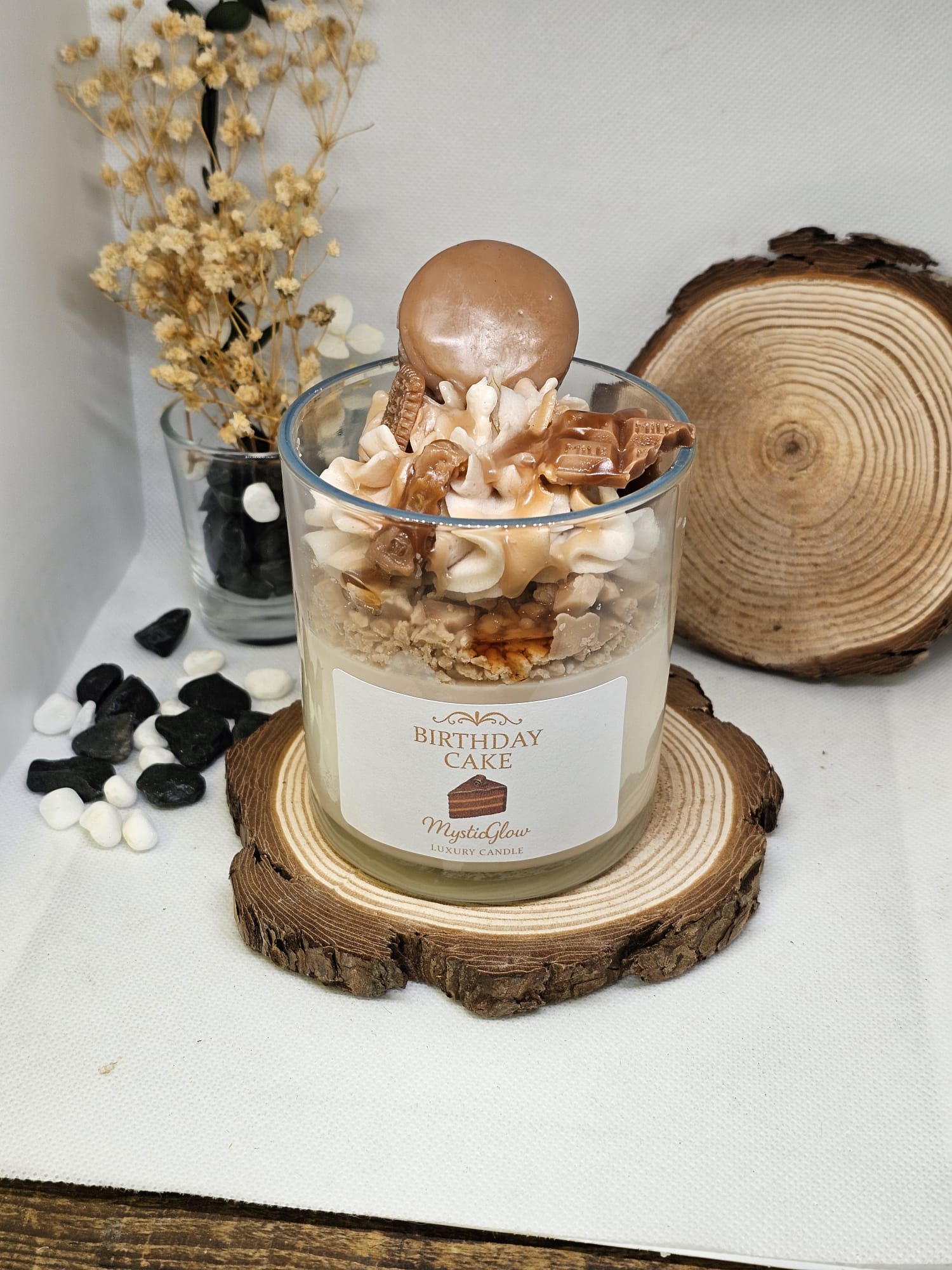 birthday cake candle by MysticGlow with whipped wax and chocolate pieces