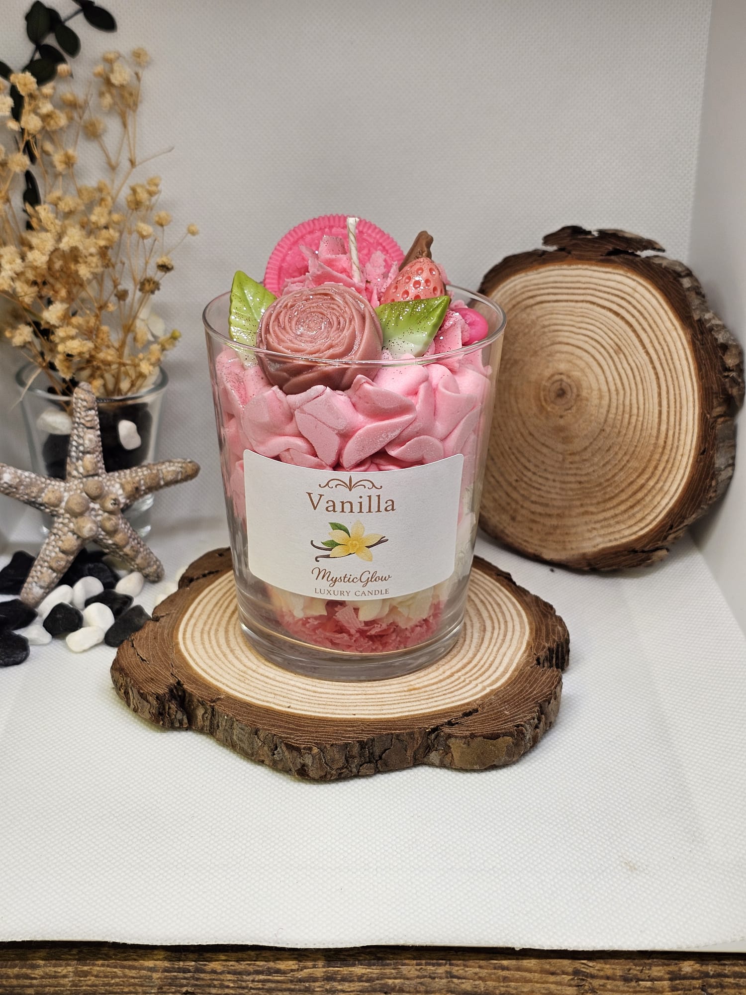 vanilla dessert candle by MysticGlow with whipped wax and floral toppings