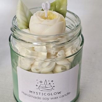 rose scented candle by MysticGlow with handcrafted soy wax flower