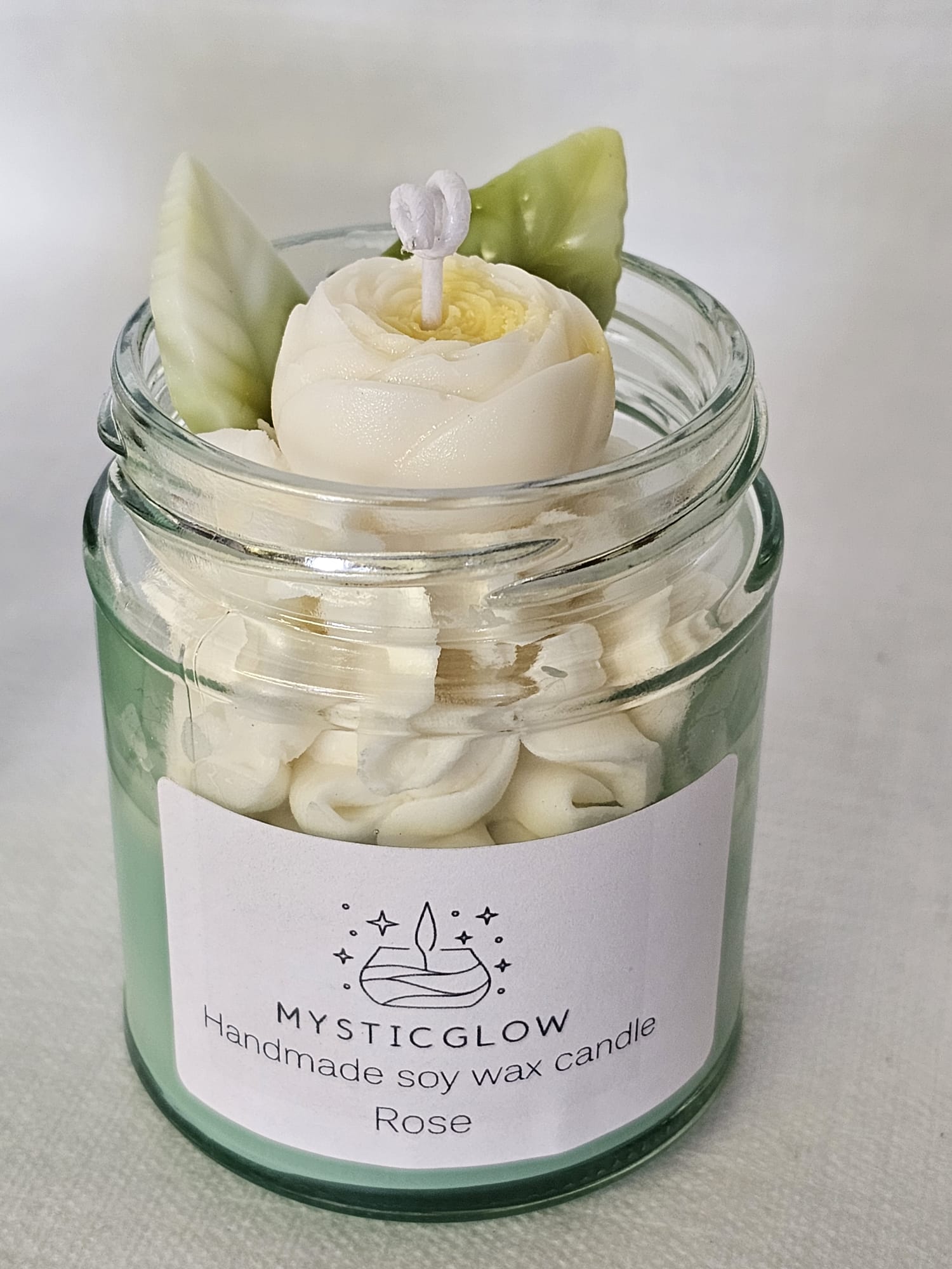 rose scented candle by MysticGlow with handcrafted soy wax flower